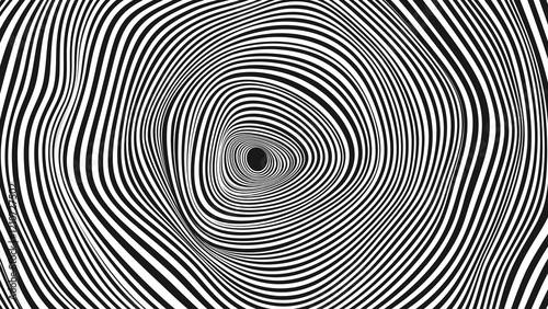 Psychedelic Warped Circles Lines Optical Illusion Texture. Abstract Geometric Background Vector Design. Abstract Black and White Optical Illusion Surrealism Tunnel Portal Vector Illustration.