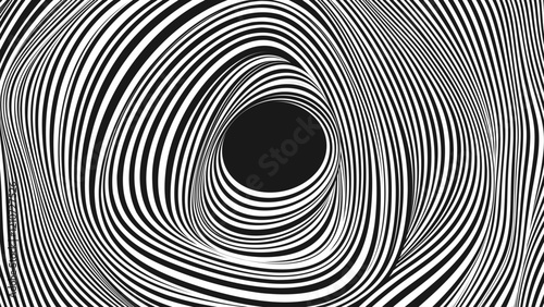 Psychedelic Warped Circles Lines Optical Illusion Texture. Abstract Geometric Background Vector Design. Abstract Black and White Optical Illusion Surrealism Tunnel Portal Vector Illustration.