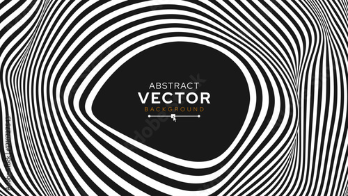 Psychedelic Warped Circles Lines Optical Illusion Texture. Abstract Geometric Background Vector Design. Abstract Black and White Optical Illusion Surrealism Tunnel Portal Vector Illustration.