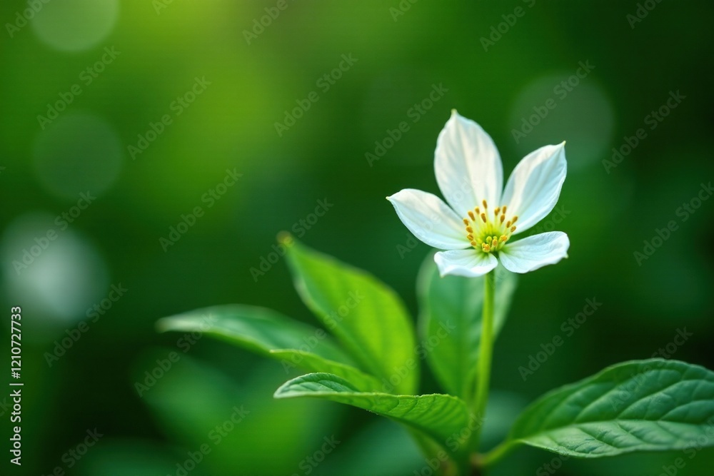 A sprig of fresh black cohosh foliage peeking out from behind a delicate white flower, foliage, behind A sprig of fresh black cohosh foliage peeking out from behind a delicate white flower, foliage, behind