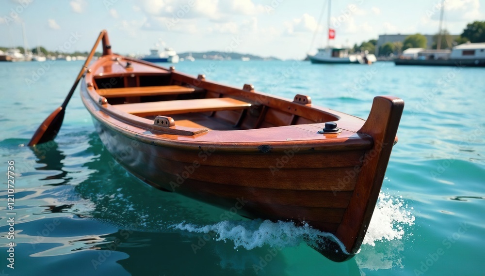 Wooden boat with propeller spinning in water on port, port, wooden boat Wooden boat with propeller spinning in water on port, port, wooden boat