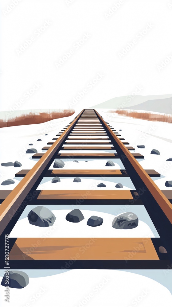 Naklejka premium Train Tracks Through a Snowy Landscape: A Journey into Winter Wonderland. Perfect for travel blogs, social media, and websites.