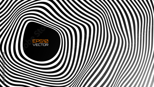 Psychedelic Warped Circles Lines Optical Illusion Texture. Abstract Geometric Background Vector Design. Abstract Black and White Optical Illusion Surrealism Tunnel Portal Vector Illustration.