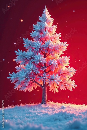 A frosty snowtree glows warmly against a rich red surface, , frozen photo