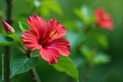 delicate red hibiscus flower bud on tree branch, foliage, nature, blossom