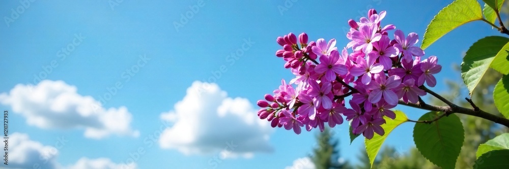 Fototapeta premium Double purple lilac blooms on a tree branch against a bright blue sky with fluffy clouds, flowers, lilac