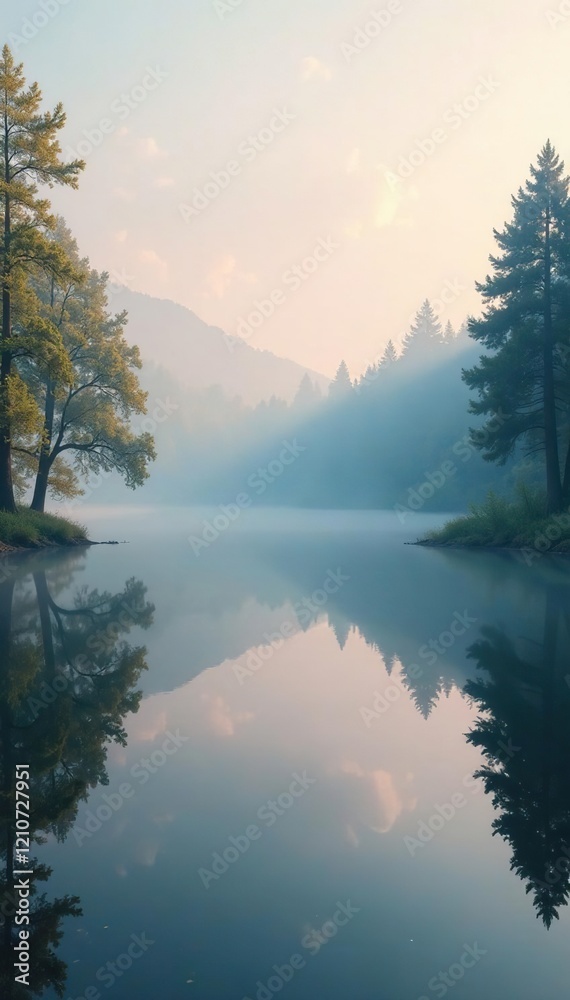 Fototapeta premium Serene lake surface reflected in a misty morning atmosphere, with gentle trees on the shore, calm, serene, water