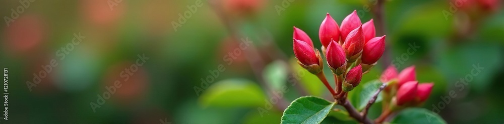 small red and pink buds forming on a blooming bush, small flowers, plants with buds small red and pink buds forming on a blooming bush, small flowers, plants with buds