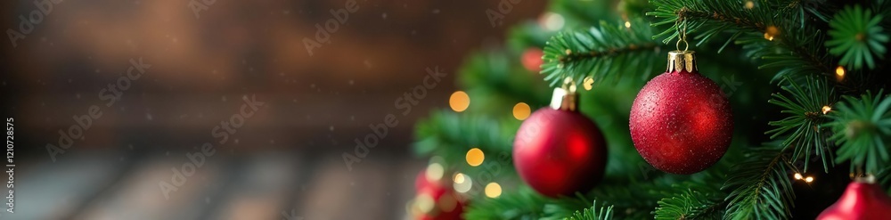 Obraz premium Sparkly red and green ornaments on a wooden Christmas tree, Red and green, Winter decor, Ornaments