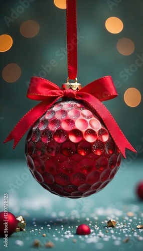 Red ribbon-wrapped golf ball Christmas ball suspended in air, seasonal, ornaments, chrismon photo