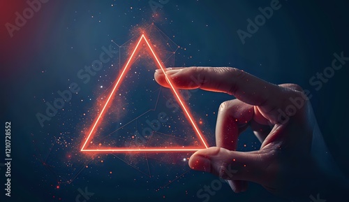 Hand touching glowing neon triangle in dark space with particles and light effects, perfect for technology, innovation, and future concept designs in business presentations.