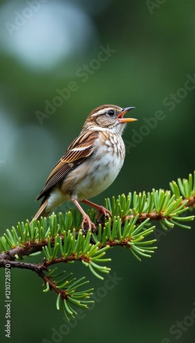 Song sparrow perches on a branch of a coastal fir tree, singing, birdsong, landscape photo