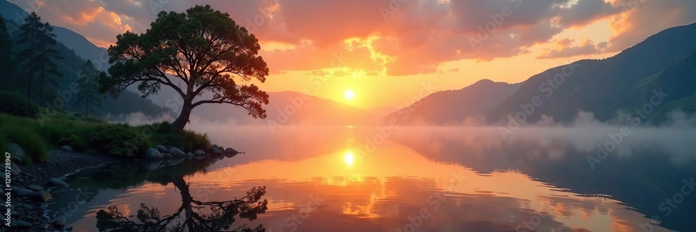A peaceful lake at dawn with the sun rising behind a tree, water features, morning light A peaceful lake at dawn with the sun rising behind a tree, water features, morning light