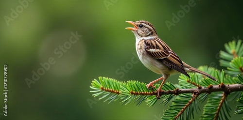 Song sparrow perches on a branch of a coastal fir tree, singing, firtree, wildlife photo