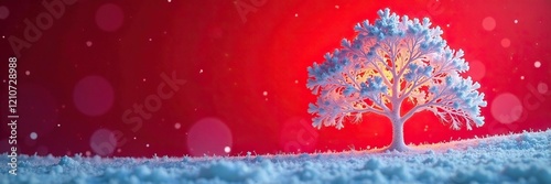 A frosty snowtree glows warmly against a rich red surface, snow, winter, frozen photo