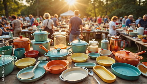 Colorful retro kitchenware display at community rummage sale, nostalgia photo