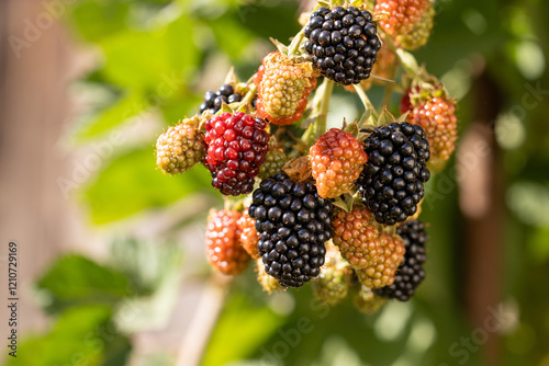 Obraz na plátně Ripe and unripe blackberries growing on a bush in sunlight