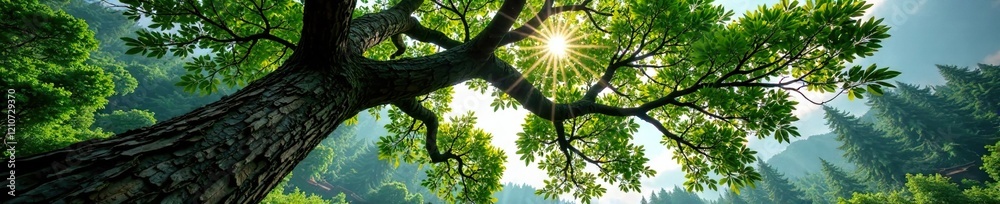 Obraz premium Ancient tree branches stretch towards the sky, bark, leaves, forest