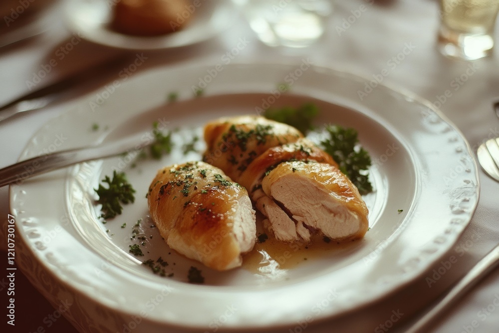 Succulent roasted chicken breasts garnished with fresh herbs are served on a fine dining plate, promising a savory culinary delight. Succulent roasted chicken breasts garnished with fresh herbs are served on a fine dining plate, promising a savory culinary delight.