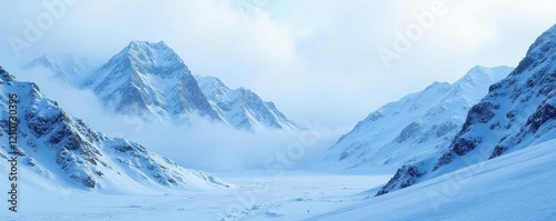 Snow-covered mountains with a misty atmosphere and frosty textures, frostbite, snowy