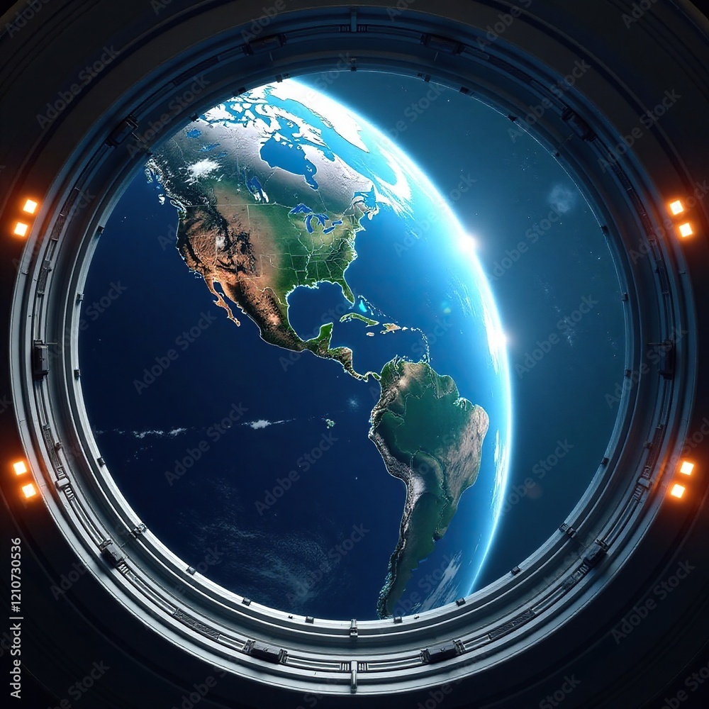Blue planet from spaceship window with Earth-like atmosphere, nature, earthy Blue planet from spaceship window with Earth-like atmosphere, nature, earthy