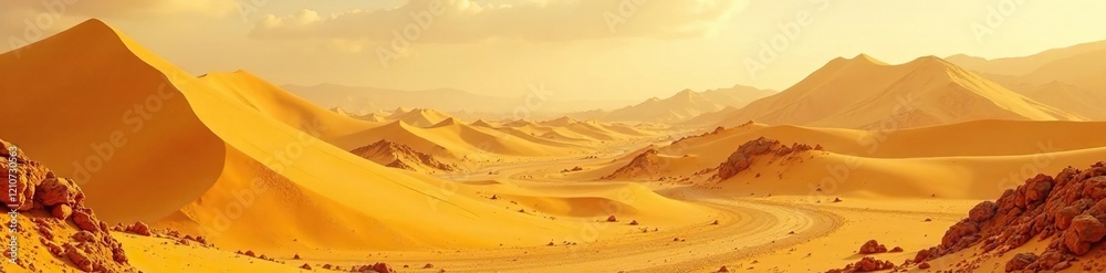 Desert dunes with yellow sand texture, clay and stones, and a large yellow stove in the distance, terracotta, yellow stove Desert dunes with yellow sand texture, clay and stones, and a large yellow stove in the distance, terracotta, yellow stove