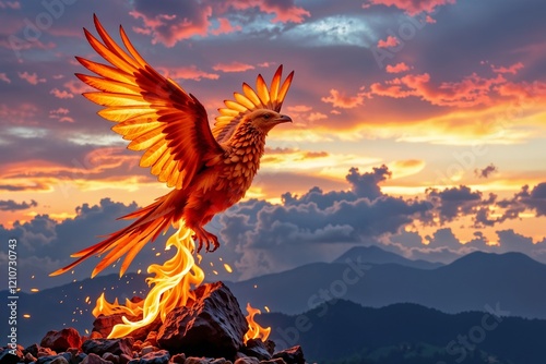 A fiery phoenix rising from flames, representing rebirth and strength in vibrant colors