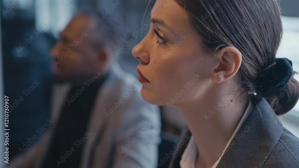 Close-up of a thoughtful businesswoman nodding during a meeting, with a blurred colleague in the background. Concept of workplace collaboration, professional communication, and focus