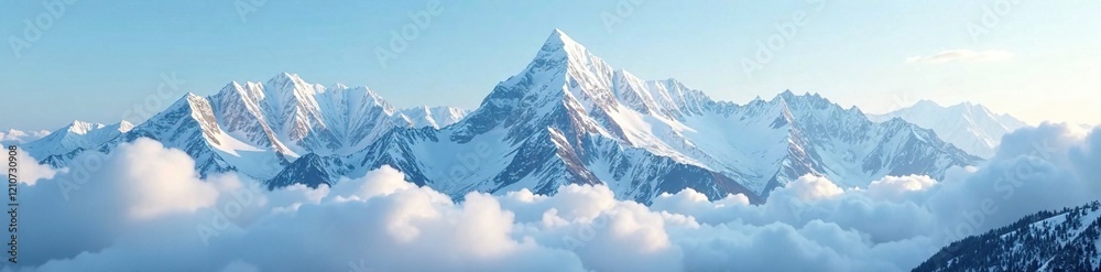 Fototapeta premium Mountain range with snow covered peaks above clouds, mountains, wilderness