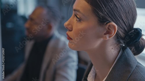 Close-up of a thoughtful businesswoman nodding during a meeting, with a blurred colleague in the background. Concept of workplace collaboration, professional communication, and focus