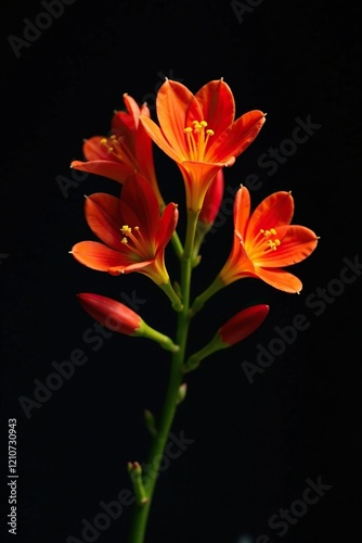 Dark green stem with red orange flowers on black background, crocosmia, stem, branch photo