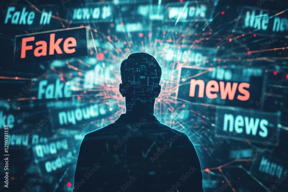 man in a stream of fake news, fake news permeates the information space