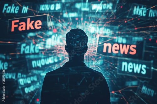 man in a stream of fake news, fake news permeates the information space