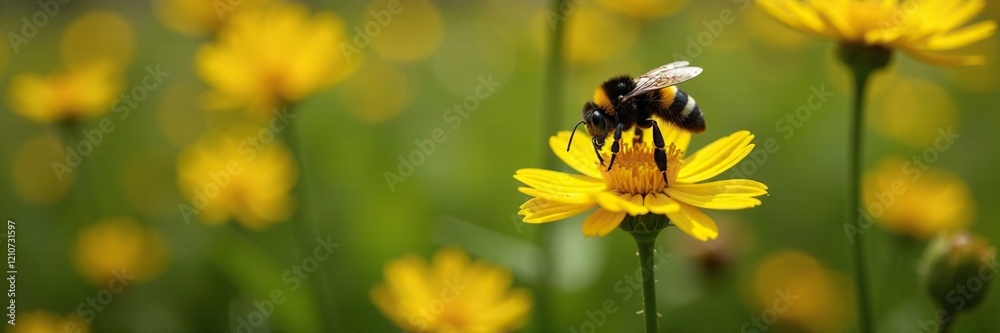 Black and yellow striped bee hovering around a wildflower, pollinators, black Black and yellow striped bee hovering around a wildflower, pollinators, black