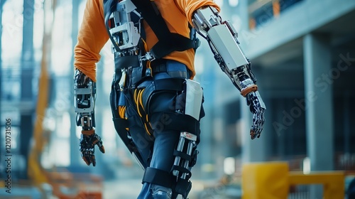 An advanced robotic exoskeleton assisting a worker in a high-tech construction site, clean and innovative environment with a focus on enhancing human capability, Construction style