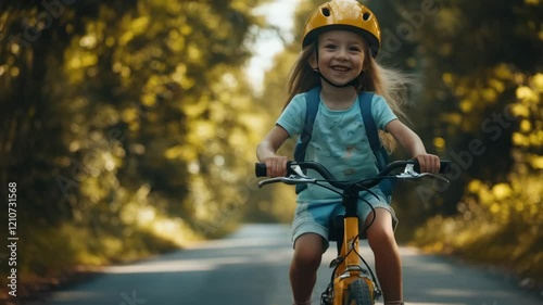 Joyful child riding bike through sunlit pathway