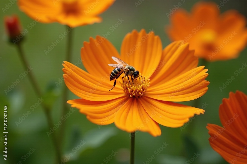 Insects sipping nectar from an orange cosmos flower in the garden, wildlife, garden Insects sipping nectar from an orange cosmos flower in the garden, wildlife, garden