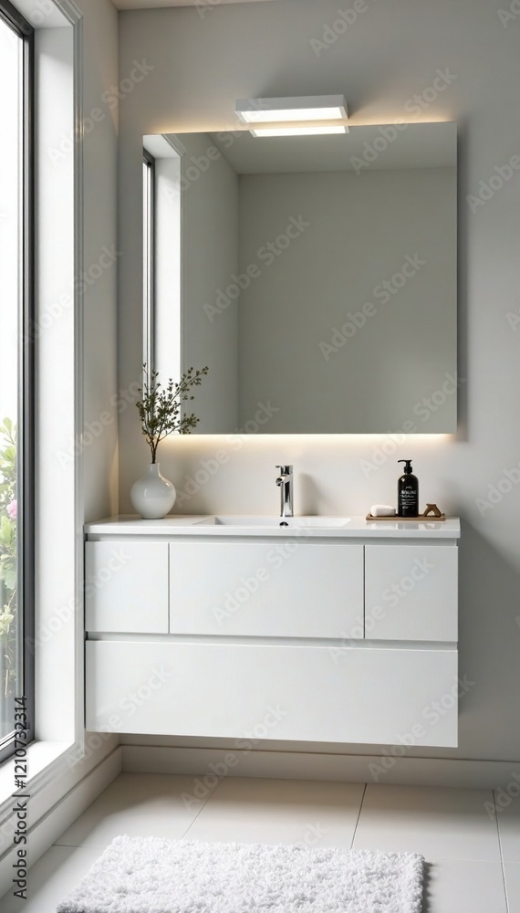 Elegant bathroom with white vanity and large mirror above sink, modern, mirror, bathroom Elegant bathroom with white vanity and large mirror above sink, modern, mirror, bathroom