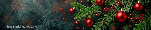 Fir branch covered with red ornaments and greenery, Christmas background, fir branches photo