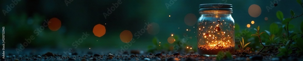 Fireflies lighting up the darkness in a glass jar, insects, fireflies, scene