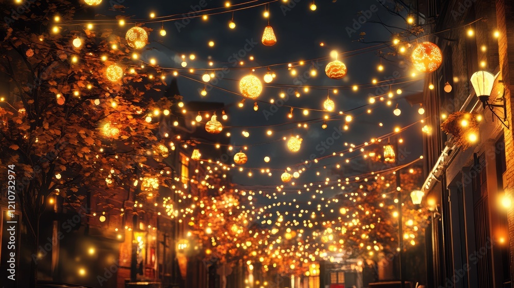 Obraz premium Golden fairy lights strung across a city street at night, highly detailed, vibrant and festive, glowing and inviting, warm and charming atmosphere