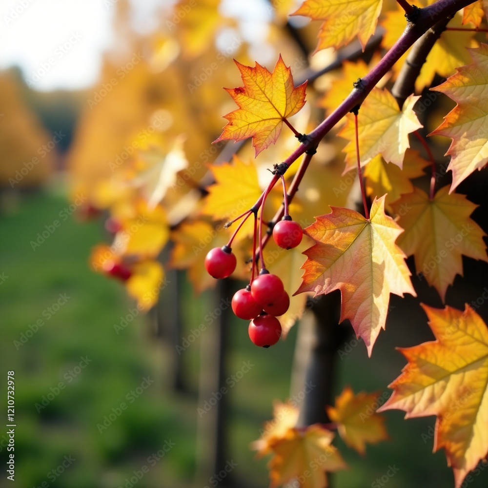 Dried wild grape vines with golden yellow leaves and red berries hanging from the branches, wild grape, autumn, vines