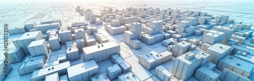 Digital illustration of imaginary city map. Geometric shapes represent buildings in city. Roads, land parcels displayed. Urban design, city planning highlighted. Concept for web banner urban