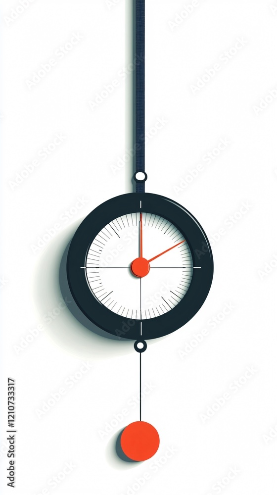 Modern Wall Clock with Red Pendulum: Minimalist Timepiece on White Background Modern Wall Clock with Red Pendulum: Minimalist Timepiece on White Background