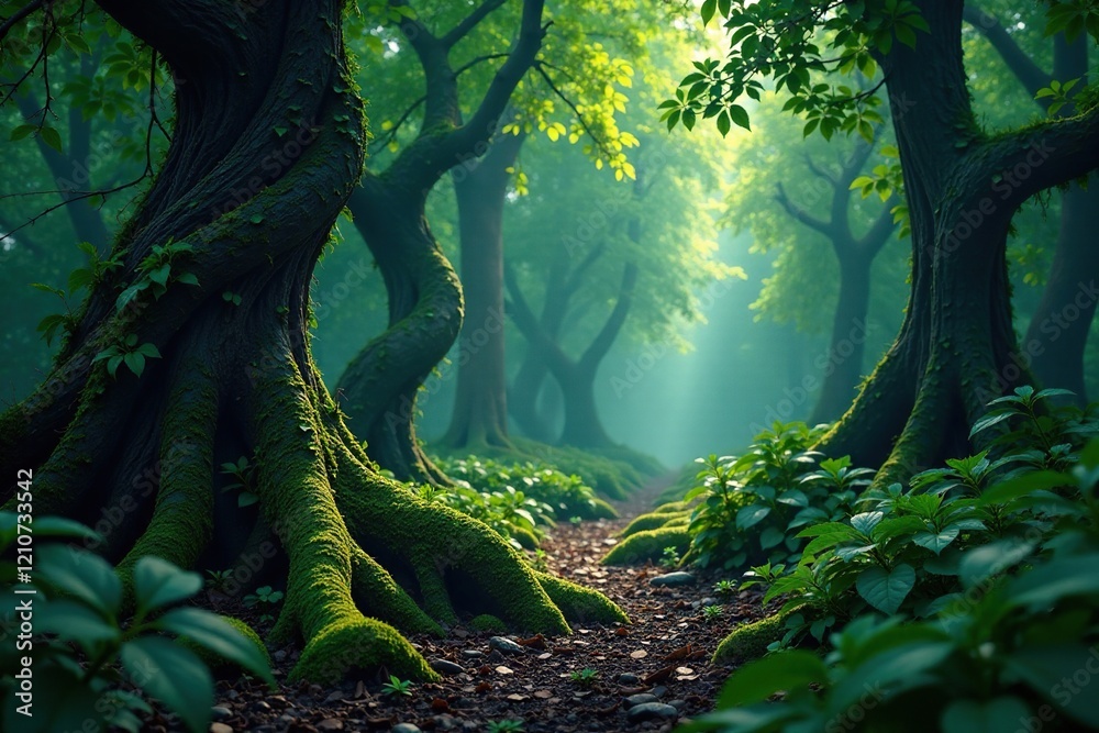 Fototapeta premium Dark forest with twisted tree trunks and vines, greenery, vines, nature