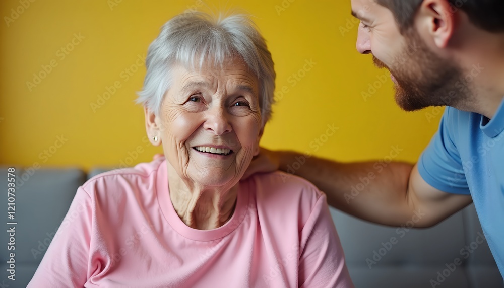 A heartwarming moment between a senior woman and a younger man, sharing a smile and connection. A tender scene of intergenerational care and affection. A heartwarming moment between a senior woman and a younger man, sharing a smile and connection. A tender scene of intergenerational care and affection.