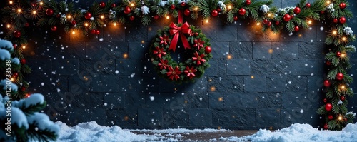 Dark stone wall with colorful wreath and garland, garland, decorations, winter