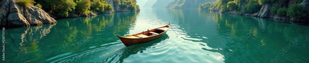 A small wooden boat gliding on the calm river surface, Wooden, Vessel A small wooden boat gliding on the calm river surface, Wooden, Vessel