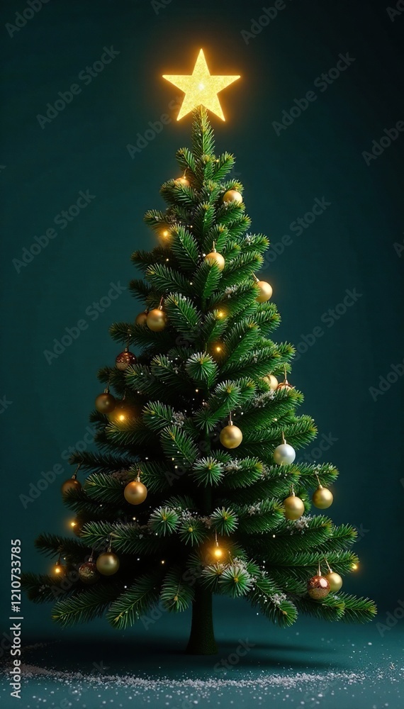 A towering evergreen Christmas tree is topped with a glittering golden star, Holiday, Sparkle, Glitter A towering evergreen Christmas tree is topped with a glittering golden star, Holiday, Sparkle, Glitter