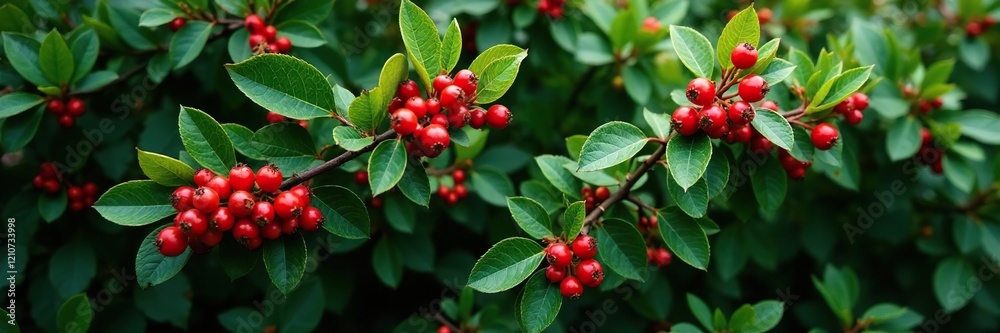 Obraz premium Bush covered in green leaves with ripe red berries, tree, wild, woodland